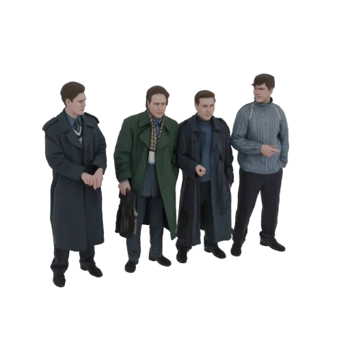 3D рендер четырех мужчин, стоящих рядом, все в пальто разных стилей.