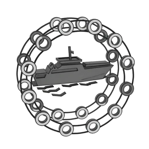 3D-модель современного серого военно-морского корабля, заключенного в круговую орбитальную структуру из соединенных колец.