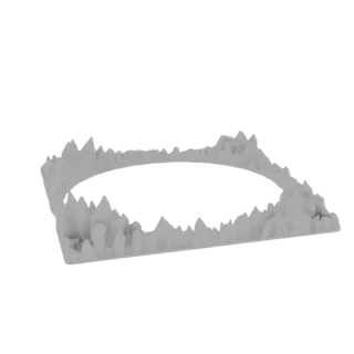 3D модель круглой основы ландшафта с острым, зубчатым, горным внешним краем, в нейтральном сером цвете.
