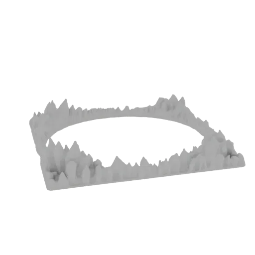 3D модель круглой основы ландшафта с острым, зубчатым, горным внешним краем, в нейтральном сером цвете.