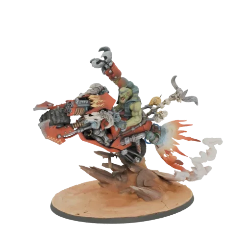 3D model of a green-skinned Ork warrior riding a red and metallic warbike with a flaming exhaust, posed dynamically on a dese