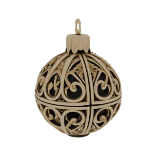 A detailed 3D model of an ornate Christmas bauble with intricate filigree patterns in an aged ivory finish, set against a whi