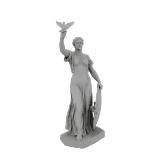 3D модель классической женской статуи, олицетворяющей Мир, с голубем в поднятой руке и щитом в другой.