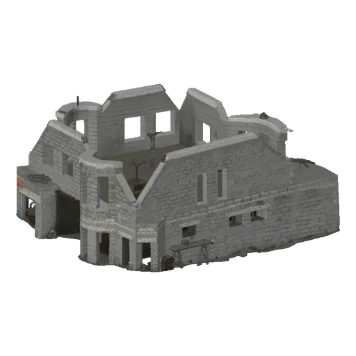3D модель недостроенного каркаса кирпичного дома с открытыми стенами и оконными проемами на черном фоне.