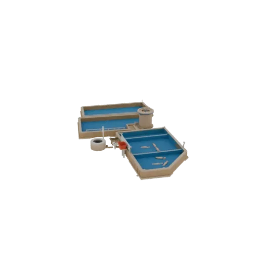 3D модель аквакультурного хозяйства с несколькими бассейнами для разведения рыбы и элементами инфраструктуры.
