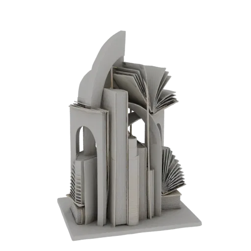 3D модель абстрактной скульптуры из книг, напоминающая архитектурные арки и структуры, в нейтральном сером цвете.