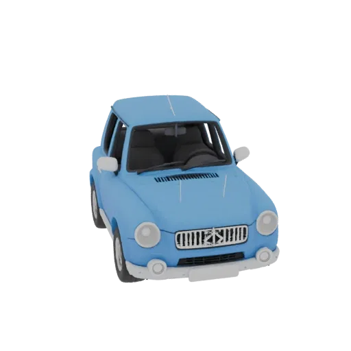 3D модель голубого ретро-автомобиля с округлыми формами и хромированными деталями.