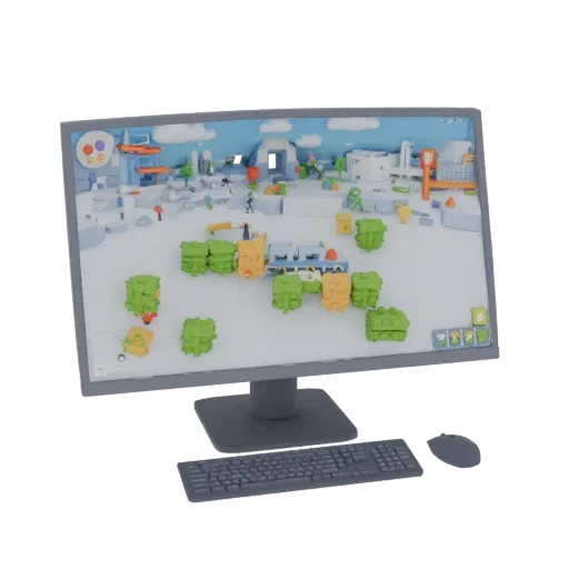 3D модель компьютерного монитора в минималистичном стиле с изображением игровой сцены на экране, рядом клавиатура и мышь.
