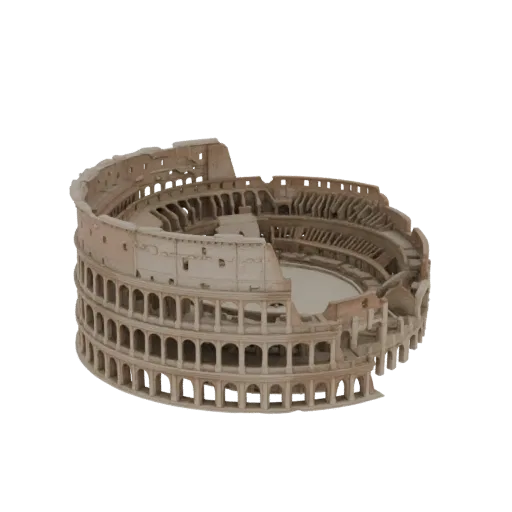 3D модель древнеримского Колизея, демонстрирующая его культовые арки и многоярусную структуру на черном фоне.