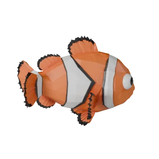 Низкополигональная 3D-модель рыбы-клоуна, вид сбоку в игровой камере, низкополигональный ассет животного с детализацией повер