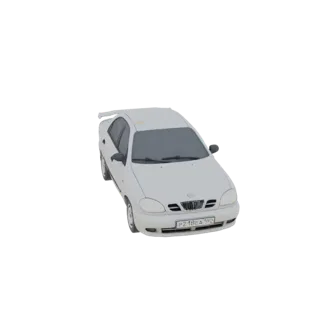 3D модель белого седана Daewoo Lanos со спойлером, вид с немного приподнятого передне-правого угла.