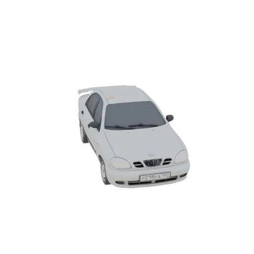 3D модель белого седана Daewoo Lanos со спойлером, вид с немного приподнятого передне-правого угла.