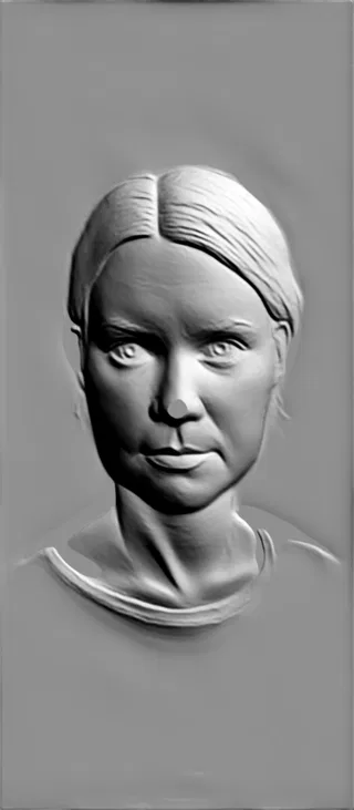 3D модель барельефа "Портрет женщины" в стиле античной скульптуры, с проработанными чертами лица и волосами.
