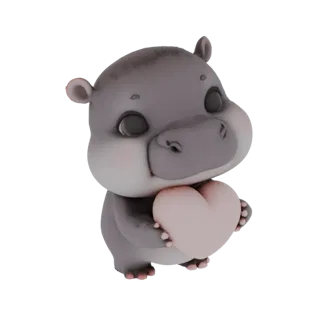 Милая, стилизованная 3D модель детеныша гиппопотама с большими глазами, держащего розовое сердце в передних лапах.