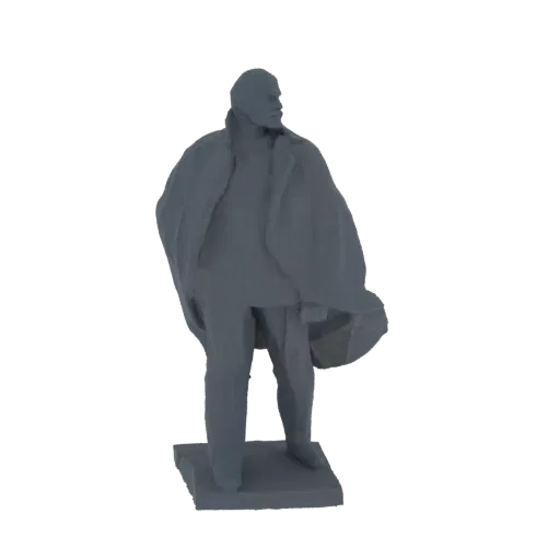 3D модель памятника Владимиру Ленину, изображенного в формальной позе с пальто на плечах.