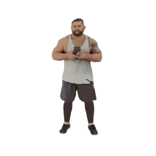3D модель мускулистого мужчины с татуировками, в серой майке и темных шортах, держащего смартфон.