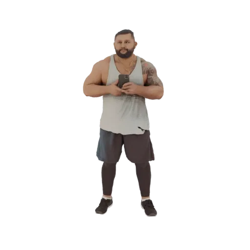 3D модель мускулистого мужчины с татуировками, в серой майке и темных шортах, держащего смартфон.