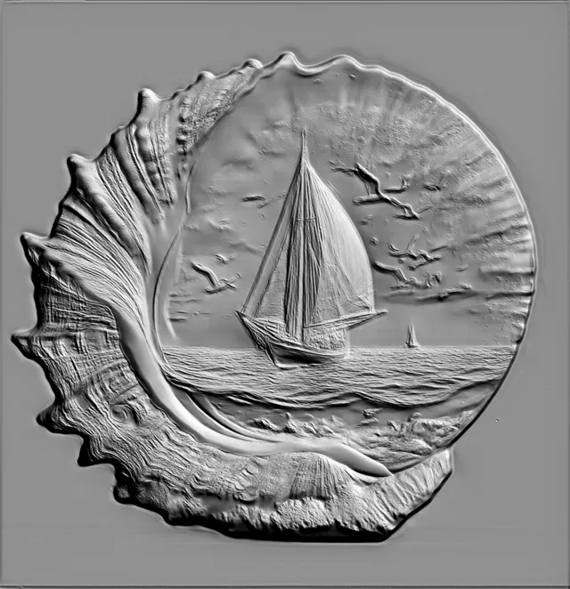 3D модель барельефа с парусником, плывущим по морю внутри раковины, в стиле барельефа.
