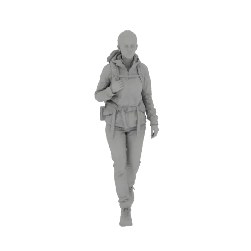 3D модель женщины-туриста с рюкзаком, вид спереди, идущая вперед.