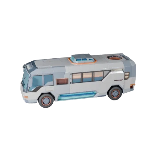 Низкополигональная 3D модель Hover Bus, вид из игрового окна в три четверти, низкополигональный ассет транспортного средства