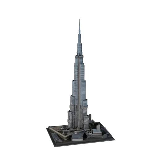 Низкополигональная 3D модель Бурдж-Халифа, готовая для игр, вид снаружи, показывающий материалы структуры достопримечательнос