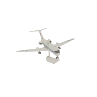 3D модель белого советского лайнера Ту-134 с синими акцентами и кириллицей, на подставке.