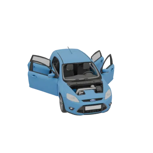 3D модель синего Ford Focus II Рестайлинг 2010 года с открытыми дверями и капотом, вид спереди