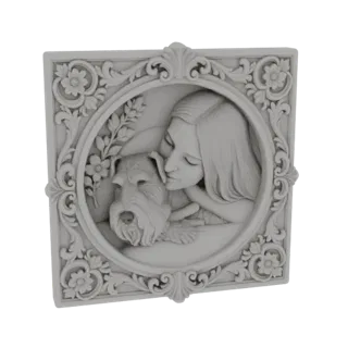 3D модель орнаментальной рельефной плиты с женщиной, обнимающей собаку, с цветочным орнаментом.