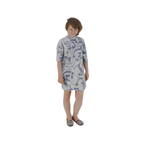 3D модель девочки с каштановыми волосами в сине-белом платье с узором, улыбается.
