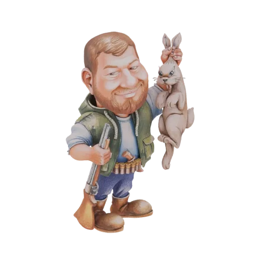 3D модель карикатурного охотника, улыбающегося и держащего за уши маленького, сердитого кролика.