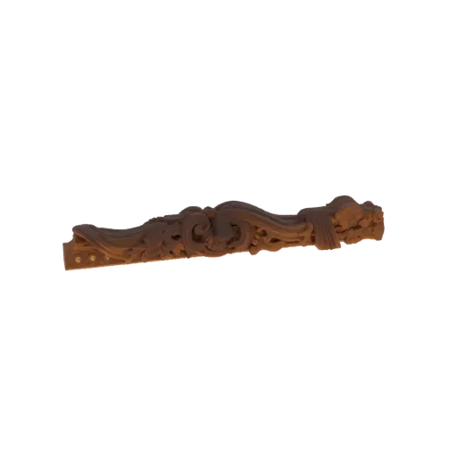 3D модель резной деревянной декоративной панели с замысловатыми цветочными и завитковыми узорами, представленная на черном фо