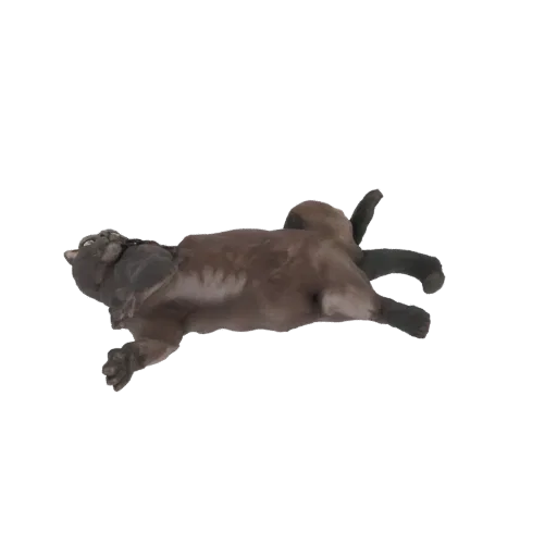 3D модель игривого коричневого кота, лежащего на спине с поднятыми лапами, на белом фоне.