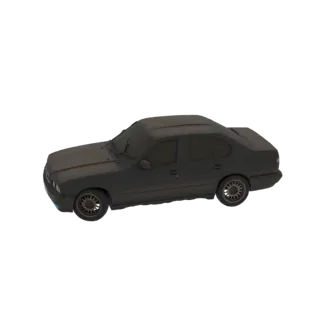 3D model of a dark sedan with detailed alloy wheels, viewed from a side-angle.