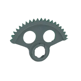 3D model of a gray sector gear with two large circular cutouts and a central hub, against a white background.
