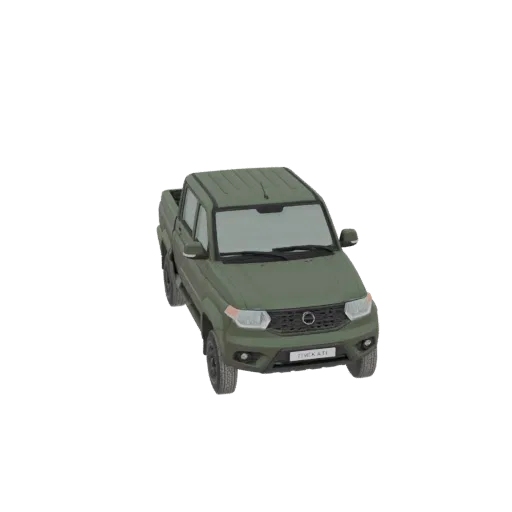 3D модель пикапа УАЗ Патриот в темно-зеленой военной расцветке, вид спереди под углом три четверти.