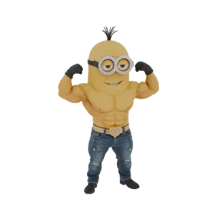3D модель мускулистого персонажа Миньона, напрягающего бицепсы, в джинсах и черных перчатках, на белом фоне.