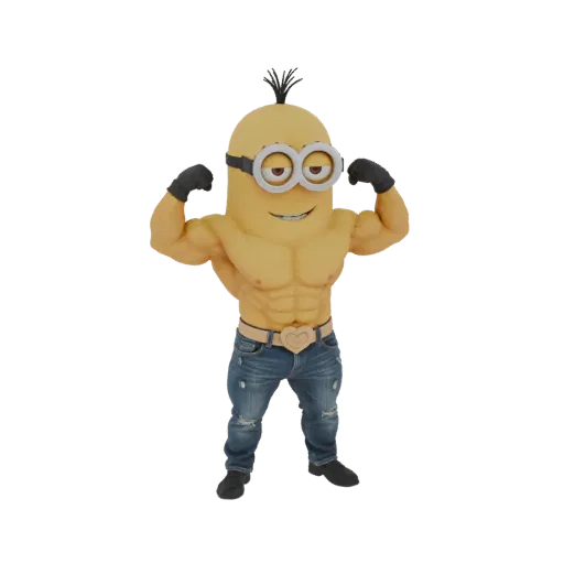 3D модель мускулистого персонажа Миньона, напрягающего бицепсы, в джинсах и черных перчатках, на белом фоне.