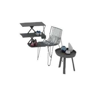 3D модель современного стула с каркасом рядом с полкой с обувью и столиком с декоративными вазами на белом фоне.