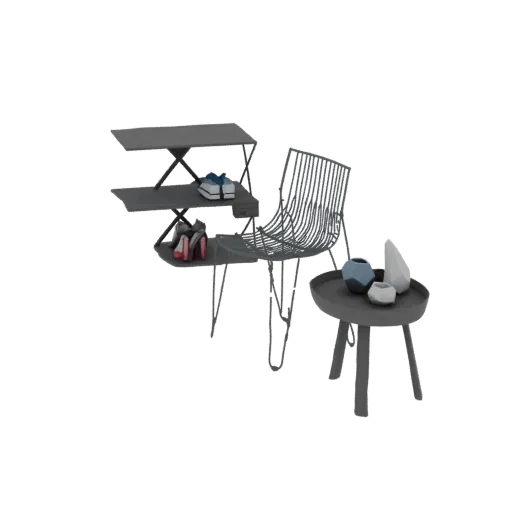 3D модель современного стула с каркасом рядом с полкой с обувью и столиком с декоративными вазами на белом фоне.