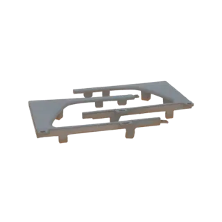 3D model of a gray metal frame structure with multiple interconnected beams and supports, presented on a white background.