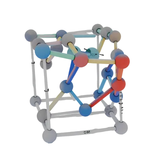 Образовательная 3D модель кристаллической решетки, рендер для тренировок в трех четвертях, показывающий цветные сферы, компон