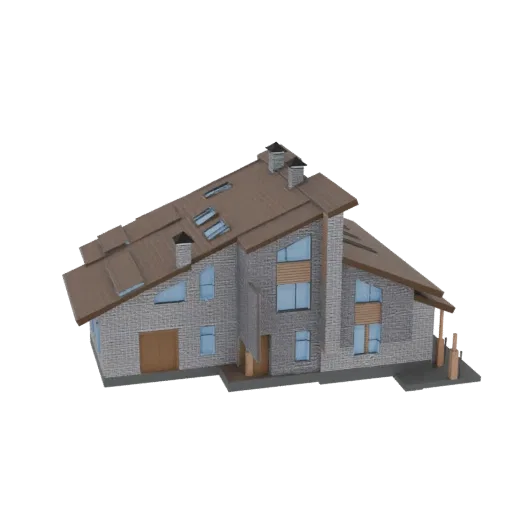 3D модель современного многоэтажного дома с коричневой двускатной крышей, серыми кирпичными стенами и большими синеватыми окн