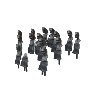 3D рендер коллекции готических кукол, выставленных вместе на белом фоне.