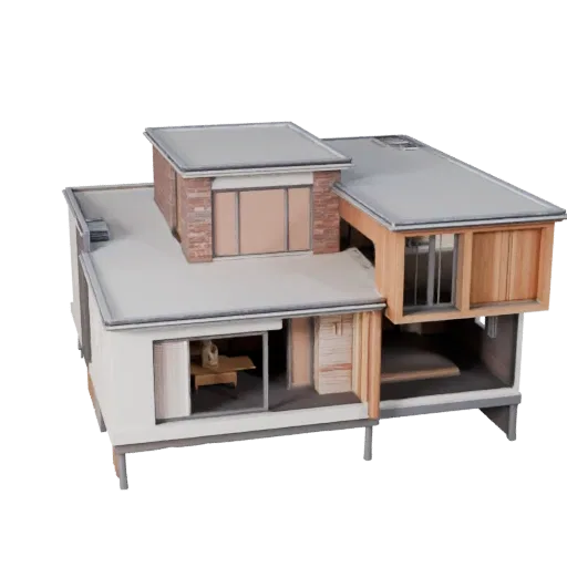 Современный дом стилизованная 3D модель, изометрический вид стилизованной игровой среды, показывающий материалы жилого дома и