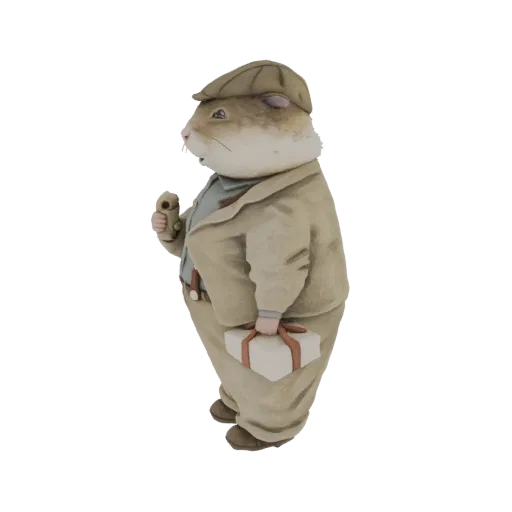 3D модель джентльмена-хомяка в шляпе и костюме, с портфелем и мороженым.
