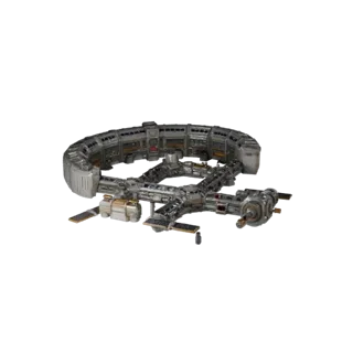 Низкополигональная 3D-модель коридора космической станции, вид в игровом окне с трех четвертей, показывающий металлические мо