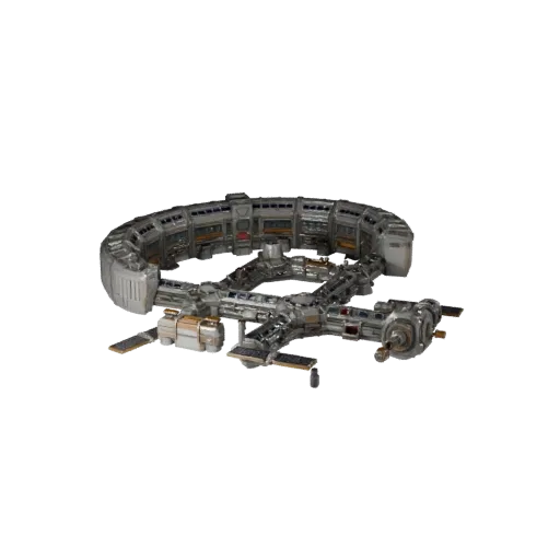 Низкополигональная 3D-модель коридора космической станции, вид в игровом окне с трех четвертей, показывающий металлические мо