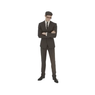 3D модель серьезного бизнесмена в темном костюме, стоящего со скрещенными руками, в очках.