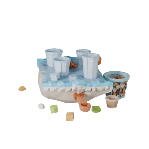 Низкополигональная 3D-модель мешка риса для кладовой, вид в игровом окне в три четверти, показывающий порошки, мелкие формы и