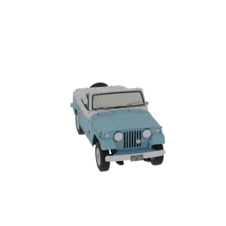 3D модель винтажного сине-белого кабриолета Jeep, вид спереди под углом три четверти.